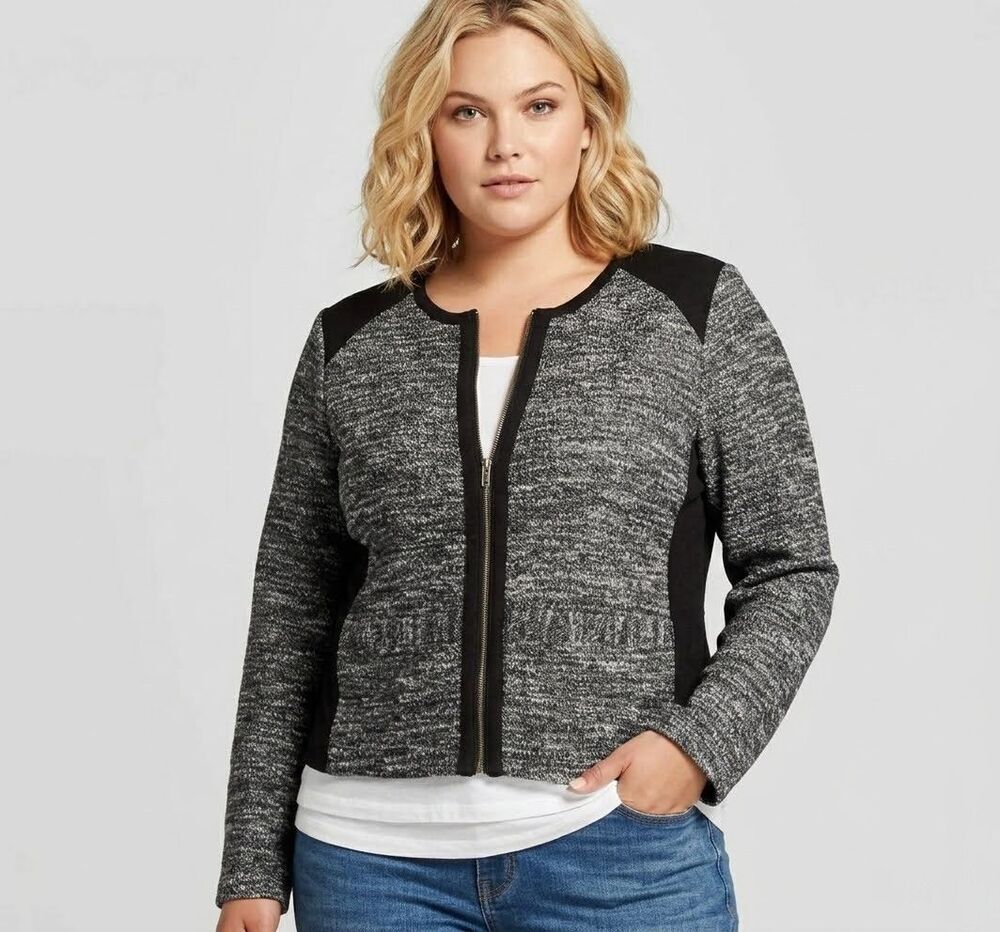 Eileen Fisher Cropped Tweed Jacket Plus sz 1X Full Zip Contrast Panel Minimalist
